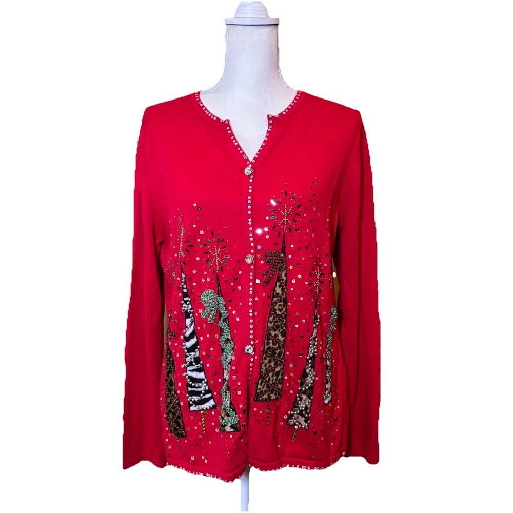 Jack B Quick Holiday Cardigan Sweater Red Beaded Sequin Christmas Trees Womens L